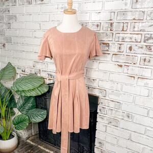 Fab’rik Dusty Pink Belted Flutter Sleeve Crew Neck Pieced Mini Dress S